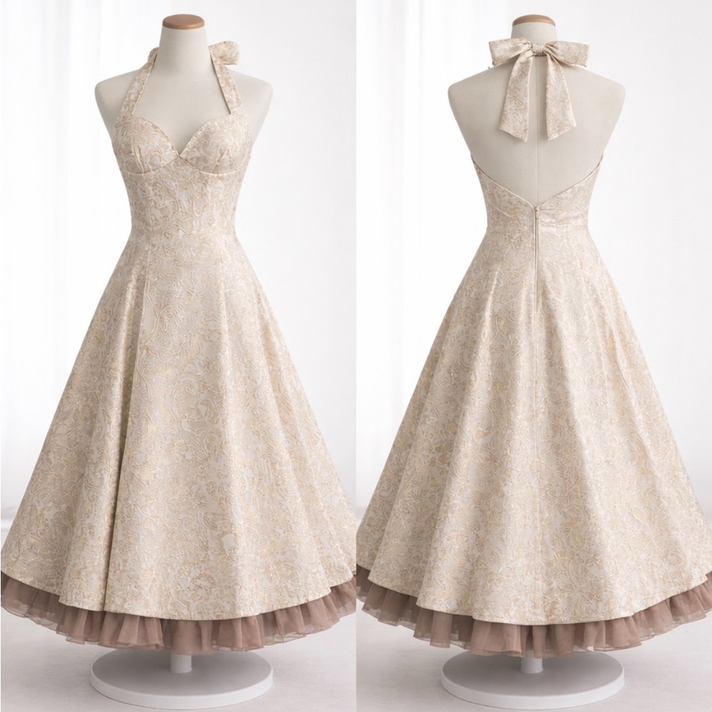 Forever Wedding dress, champagne brocade, lined, halter, formal size M